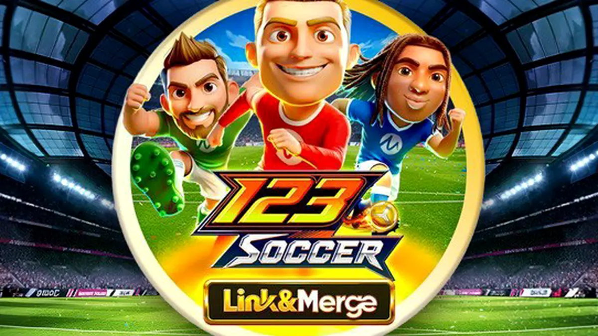 Interface de jogo do slot 123 Soccer Link&Merge com rolos e símbolos de futebol.