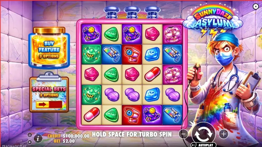 Interface colorida e neon do slot Sunnydaze Asylum