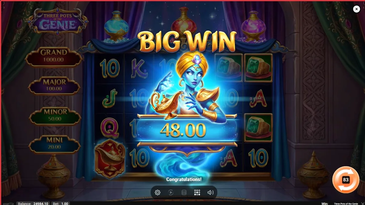 Interface do slot Three Pots of the Genie com lâmpadas mágicas e potes de gemas
